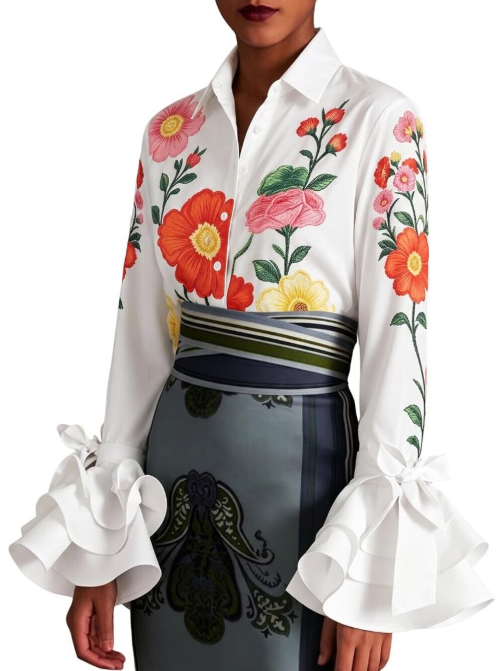Women's White Multi High Neck Button Down Long Sleeve SOLID Work Blouse Shirt